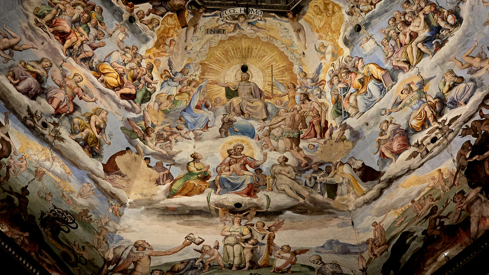 Fresco of the Last Judgment inside the Florence Duomo dome, showing Christ in glory surrounded by saints, angels, and scenes of heaven and hell.