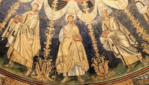 Bartholomäus (rechts) mit Johannes (links) und Philippus dem Evangelisten, Mosaik der Apostel im Baptisterium des Neon an der Kathedrale in Ravenna
